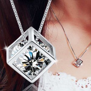 NEW 925 Sterling Silver Diamond Cube Necklace